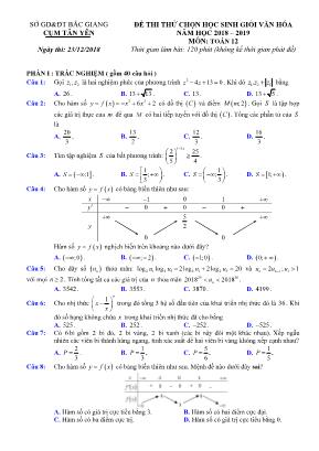 Đề thi thử chọn học sinh giỏi văn hóa môn Toán Lớp 12 - Năm học 2018-2019 - Sở giáo dục và đào tạo Bắc Giang