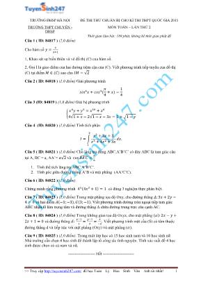 Đề thi thử chuẩn bị kỳ thi THPT Quốc gia môn Toán lần thứ 2 năm 2015 - Đại học Sư phạm Hà Nội (Có đáp án)