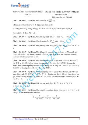 Đề thi thử kì thi THPT Quốc gia môn Toán lần 1 năm 2015 - Trường THPT Nguyễn Trung Thiên (Có đáp án)