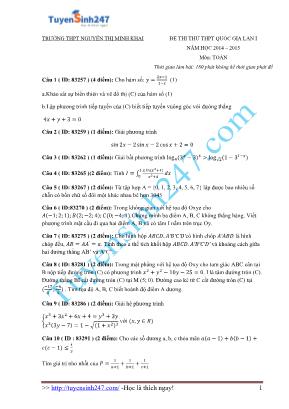 Đề thi thử kì thi THPT Quốc gia môn Toán lần 1 - Năm học 2014-2015 - Trường THPT Nguyễn Minh Khai (Có đáp án)