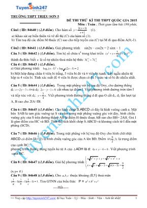 Đề thi thử kì thi THPT Quốc gia môn Toán năm 2015 - Trường THPT Triệu Sơn (Có đáp án)