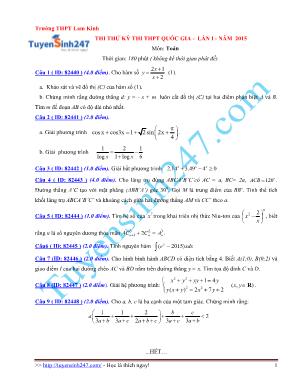 Đề thi thử kỳ thi THPT Quốc gia môn Toán lần 1 năm 2015 - Trường THPT Lam Kinh (Có đáp án)