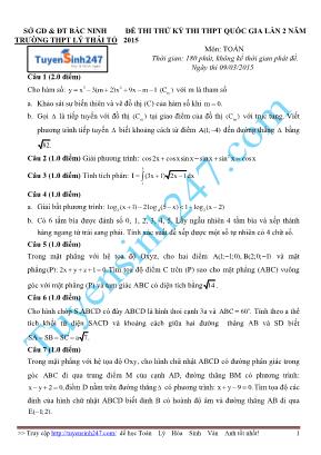 Đề thi thử kỳ thi THPT Quốc gia môn Toán lần 2 năm 2015 - Trường THPT Lý Thái Tổ (Có đáp án)