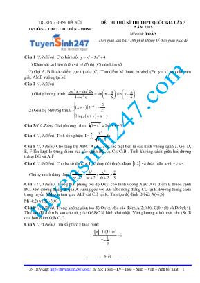 Đề thi thử kỳ thi THPT Quốc gia môn Toán lần 3 năm 2015 - Trường THPT chuyên - Đại học Sư phạm (Có đáp án)