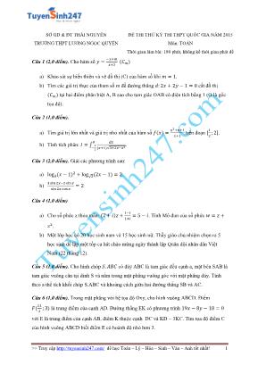 Đề thi thử kỳ thi THPT Quốc gia môn Toán năm 2015 - Trường THPT Lương Ngọc Quyến (Có đáp án)