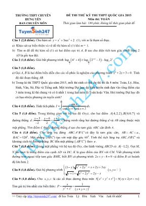 Đề thi thử kỳ thi THPT Quốc gia môn Toán năm 2015 - Trường THPT chuyên Hưng Yên (Có đáp án)