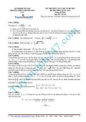 Đề thi thử lần 1 chuẩn bị cho kỳ thi THPT Quốc gia môn Toán năm 2015 - Trường THPT chuyên Sơn Tây (Có đáp án)