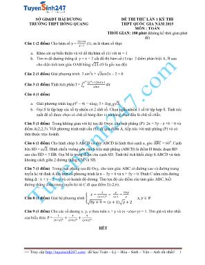 Đề thi thử lần 1 kỳ thi THPT Quốc gia môn Toán năm 2015 - Trường THPT Hồng Quang (Có đáp án)