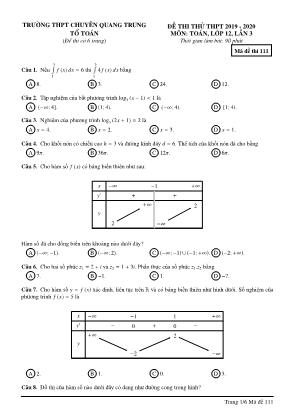 Đề thi thử môn Toán Lớp 12 lần 3 - Mã đề 111 - Năm học 2019-2020 - Trường THPT chuyên Quang Trung