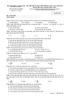 Đề thi thử nghiệm kỳ THPT Quốc gia môn Vật lý năm 2017 - Mã đề 01 - Bộ giáo dục và đào tạo (Có đáp án)