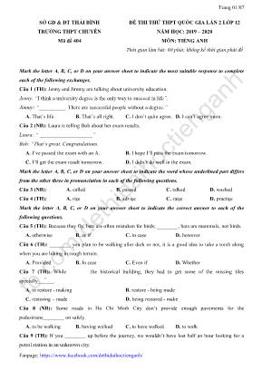 Đề thi thử THPT Quốc gia môn Tiếng Anh lần 2 Lớp 12 - Mã đề 404 - Năm học 2019-2020 - Sở giáo dục và đào tạo Thái Bình (Có đáp án)