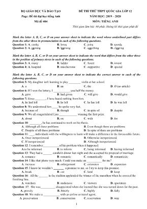 Đề thi thử THPT Quốc gia môn Tiếng Anh Lớp 12 - Mã đề 404 - Năm học 2019-2020 - Bộ giáo dục và đào tạo (Có đáp án)