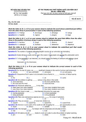 Đề thi thử THPT Quốc gia môn Tiếng Anh năm 2017 - Mã đề 01 - Bộ giáo dục và đào tạo (Có đáp án)