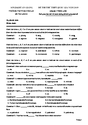 Đề thi thử THPT Quốc gia môn Tiếng Anh năm 2019 lần 1 - Trường THPT Chu Văn An (Có đáp án)