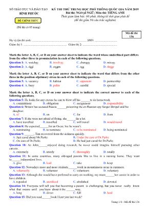 Đề thi thử THPT Quốc gia môn Tiếng Anh năm 2019 - Mã đề 136 - Sở giáo dục và đào tạo Bình Phước (Kèm đáp án)