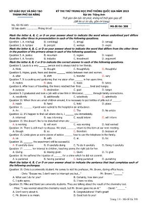 Đề thi thử THPT Quốc gia môn Tiếng Anh năm 2019 - Mã đề 308 - Sở giáo dục và đào tạo Đà Nẵng