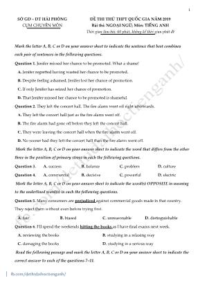 Đề thi thử THPT Quốc gia môn Tiếng Anh năm 2019 - Sở giáo dục và đào tạo Hải Phòng (Có đáp án)