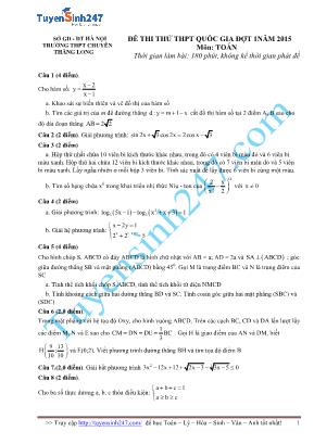 Đề thi thử THPT Quốc gia môn Toán đợt 1 năm 2015 - Trường THPT chuyên Thăng Long (Có đáp án)