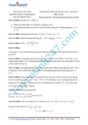 Đề thi thử THPT Quốc gia môn Toán lần 1 năm 2015 - Trường THPT Nguyễn Thị Minh Khai (Có đáp án)