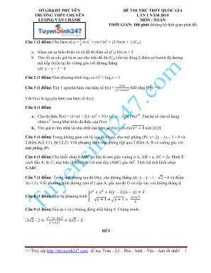 Đề thi thử THPT Quốc gia môn Toán lần 1 năm 2015 - Trường THPT chuyên Lương Văn Chánh (Có đáp án)