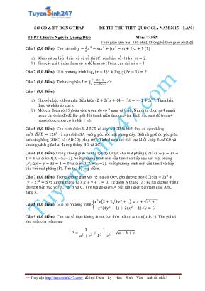 Đề thi thử THPT Quốc gia môn Toán lần 1 năm 2015 - Trường THPT chuyên Nguyễn Quang Diệu (Có đáp án)