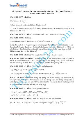 Đề thi thử THPT Quốc gia môn Toán lần 1 năm 2015 - Trường THPT Gang Thép - Thái Nguyên (Có đáp án)