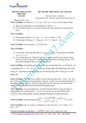 Đề thi thử THPT Quốc gia môn Toán lần 1 năm 2015 - Trường THPT Lương Thế Vinh (Có đáp án)