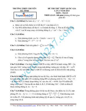 Đề thi thử THPT Quốc gia môn Toán lần 1 năm 2015 - Trường THPT chuyên Hà Tĩnh (Có đáp án)