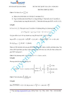 Đề thi thử THPT Quốc gia môn Toán lần 1 năm 2015 - Trường THPT Lê Thủy (Có đáp án)