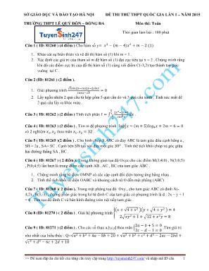 Đề thi thử THPT Quốc gia môn Toán lần 1 năm 2015 - Trường THPT Lê Quý Đôn (Có đáp án)