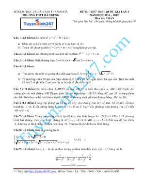 Đề thi thử THPT Quốc gia môn Toán lần 1 - Năm học 2014-2015 - Trường THPT Hà Trung (Có đáp án)