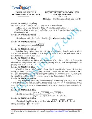 Đề thi thử THPT Quốc gia môn Toán lần 1 - Năm học 2014-2015 - Trường THPT Hàn Thuyên (Có đáp án)