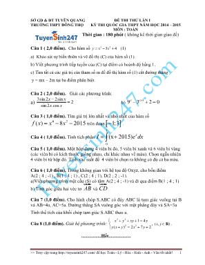 Đề thi thử THPT Quốc gia môn Toán lần 1 - Năm học 2014-2015 - Trường THPT Đông Thọ (Có đáp án)