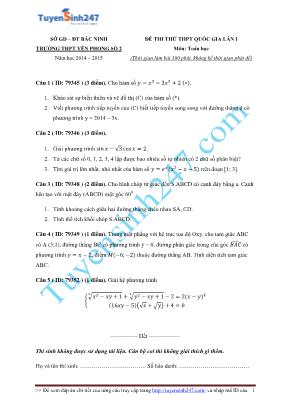 Đề thi thử THPT Quốc gia môn Toán lần 1 - Năm học 2014-2015 - Trường THPT Yên Phong số 2 (Có đáp án)