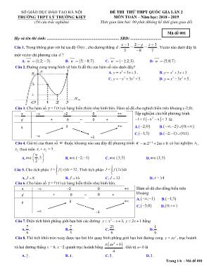 Đề thi thử THPT Quốc gia môn Toán lần 2 - Mã đề 001 - Năm học 2018-2019 - Trường THPT Lý Thường Kiệt (Có đáp án)