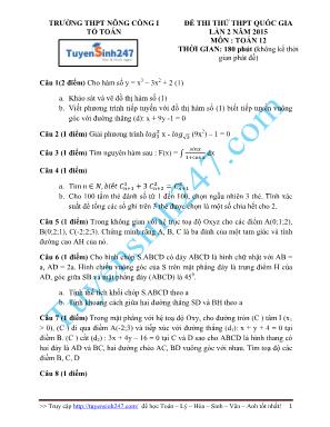 Đề thi thử THPT Quốc gia môn Toán lần 2 năm 2015 - Trường THPT Nông Cống I (Có đáp án)