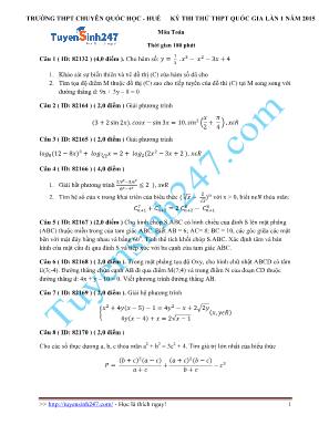 Đề thi thử THPT Quốc gia môn Toán lần thứ 1 năm 2015 - Trường THPT chuyên Quốc học Huế (Có đáp án)