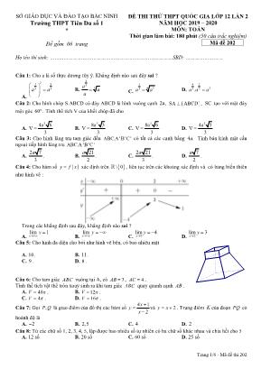 Đề thi thử THPT Quốc gia môn Toán lớp 12 lần 2 - Mã đề 202 - Năm học 2019-2020 - Trường THPT Tiên Du số 1