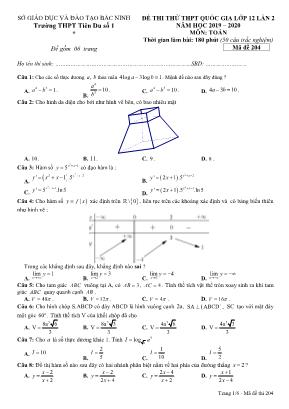 Đề thi thử THPT Quốc gia môn Toán lớp 12 lần 2 - Mã đề 204 - Năm học 2019-2020 - Trường THPT Tiên Du số 1