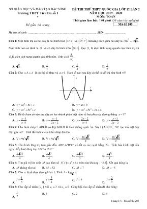Đề thi thử THPT Quốc gia môn Toán lớp 12 lần 2 - Mã đề 205 - Năm học 2019-2020 - Trường THPT Tiên Du số 1