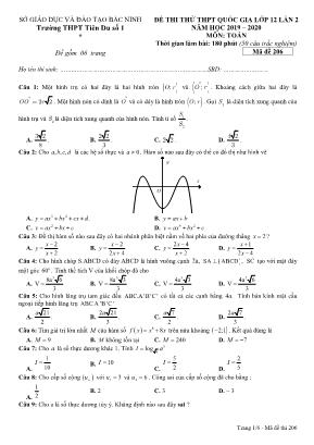 Đề thi thử THPT Quốc gia môn Toán lớp 12 lần 2 - Mã đề 206 - Năm học 2019-2020 - Trường THPT Tiên Du số 1