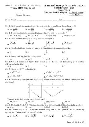 Đề thi thử THPT Quốc gia môn Toán lớp 12 lần 2 - Mã đề 207 - Năm học 2019-2020 - Trường THPT Tiên Du số 1