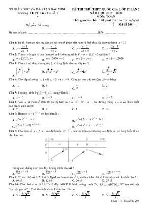 Đề thi thử THPT Quốc gia môn Toán lớp 12 lần 2 - Mã đề 208 - Năm học 2019-2020 - Trường THPT Tiên Du số 1