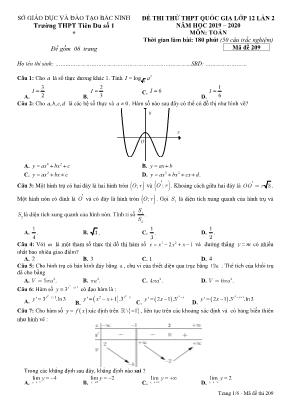 Đề thi thử THPT Quốc gia môn Toán lớp 12 lần 2 - Mã đề 209 - Năm học 2019-2020 - Trường THPT Tiên Du số 1