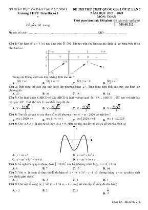 Đề thi thử THPT Quốc gia môn Toán lớp 12 lần 2 - Mã đề 212 - Năm học 2019-2020 - Trường THPT Tiên Du số 1