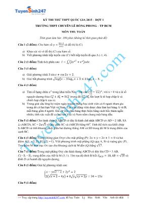 Đề thi thử THPT Quốc gia môn Toán năm 2015 - Đợt 1 - Trường THPT chuyên Lê Hồng Phong (Có đáp án)