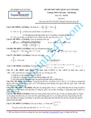 Đề thi thử THPT Quốc gia môn Toán năm 2015 lần thứ 1 - Trường THPT Chí Linh (Có đáp án)