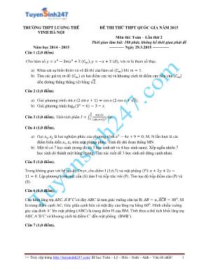 Đề thi thử THPT Quốc gia môn Toán năm 2015 - Lần thứ 2 - Trường THPT Lương Thế Vinh (Có đáp án)