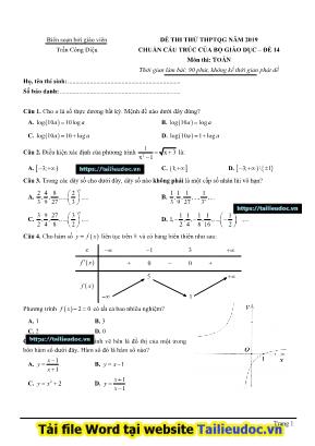 Đề thi thử THPT Quốc gia môn Toán năm 2019 - Đề số 14 - Trần Công Diệu (Có đáp án)