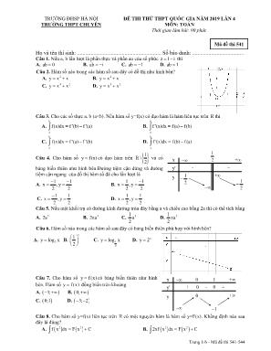 Đề thi thử THPT Quốc gia môn Toán năm 2019 lần 4 - Mã đề 541 - Đại học Sư phạm Hà Nội (Có đáp án)